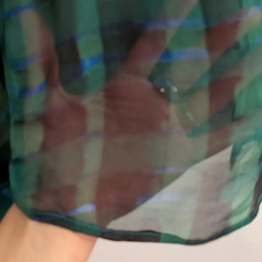 100% Silk Equipment Femme Sheer Green Blue Black Plaid  Blouse | Size S - Picture 6 of 9